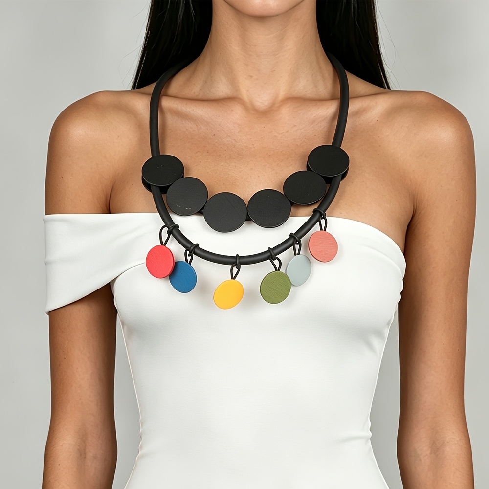 Bohemian Style Color-Block Round Patch Necklace, Trendy Accessory